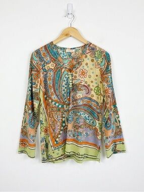 Johnny Was Mixed Print Paisley Butterfly Cotton Henley Top XS Boho Lagenlook